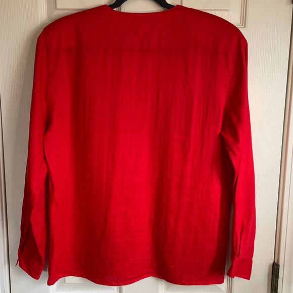 Jones New York 100% Linen Blouse Sz 12 Button Front Long Sleeves V-Neck Preppy - Picture 3 of 9